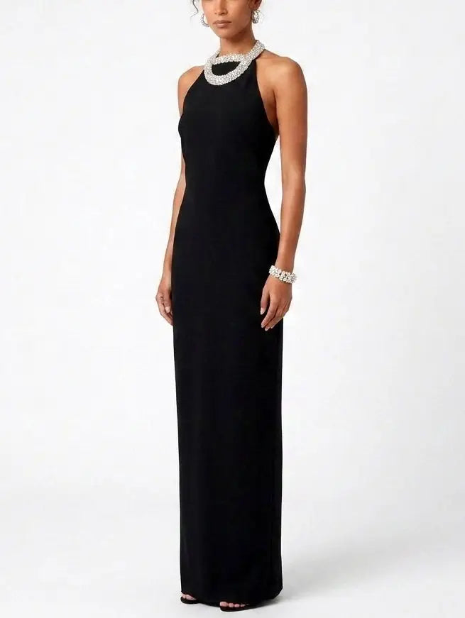 Black Rhinestone Halterneck Collar Velvet Maxi Dress - Dresses