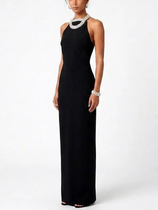 Black Rhinestone Halterneck Collar Velvet Maxi Dress - Dresses