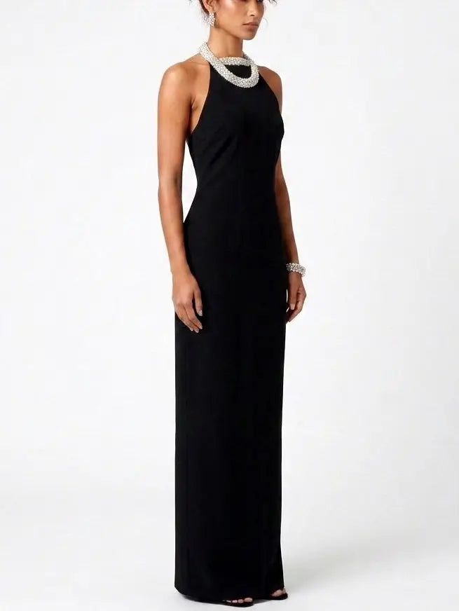 Black Rhinestone Halterneck Collar Velvet Maxi Dress - Dresses