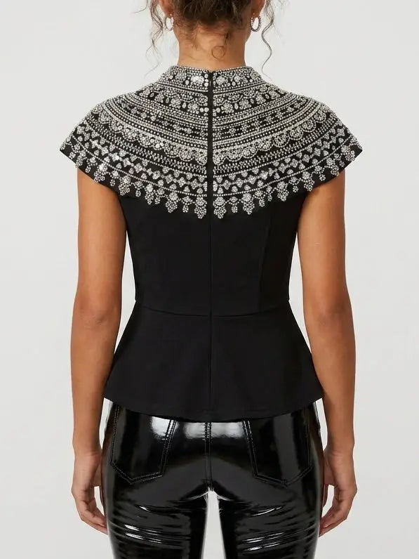 Black Rhinestone Peplum Top with Embellished Yoke - Tops