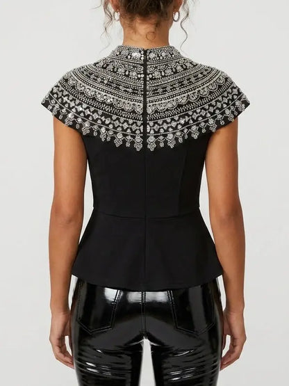 Black Rhinestone Peplum Top with Embellished Yoke - Tops