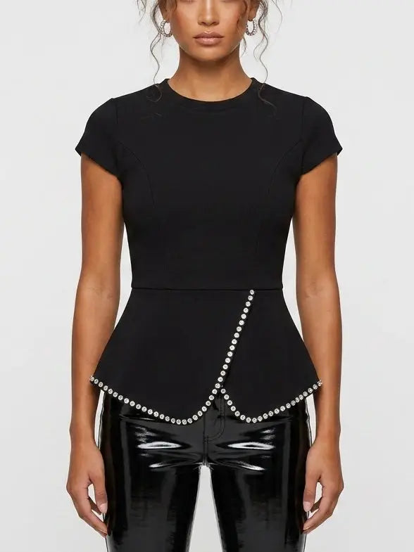 Black Rhinestone Peplum Top with Embellished Yoke - Tops