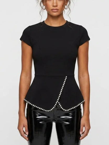 Black Rhinestone Peplum Top with Embellished Yoke - Tops