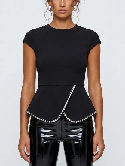 Black Rhinestone Peplum Top with Embellished Yoke - Tops