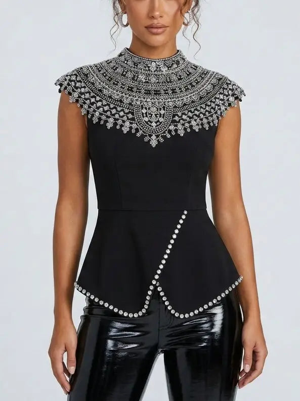Black Rhinestone Peplum Top with Embellished Yoke - Tops