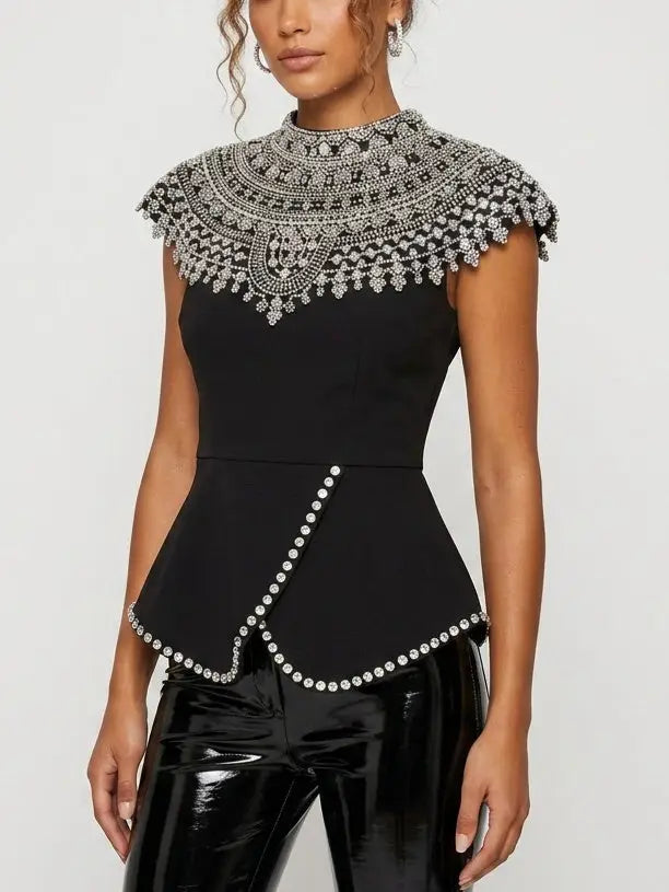 Black Rhinestone Peplum Top with Embellished Yoke - Tops