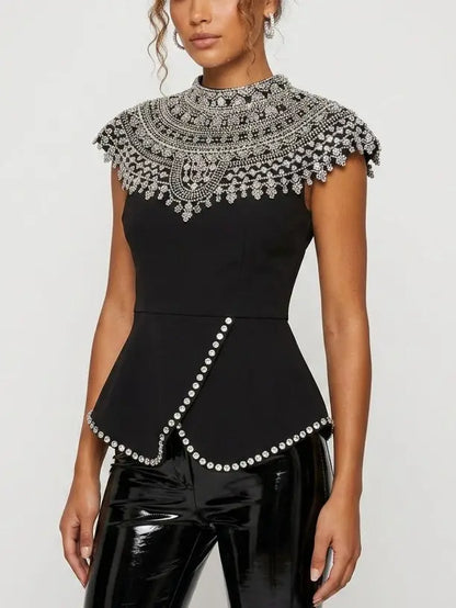Black Rhinestone Peplum Top with Embellished Yoke - Tops