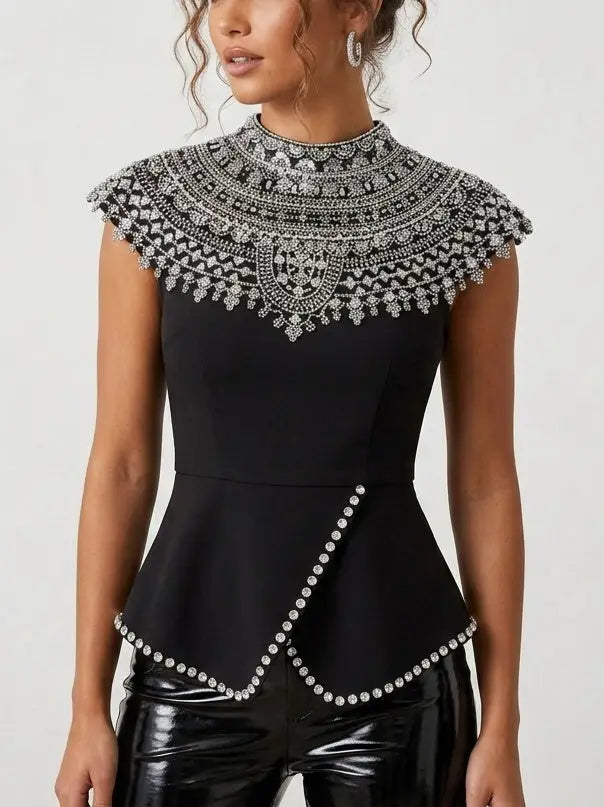 Black Rhinestone Peplum Top with Embellished Yoke - Tops