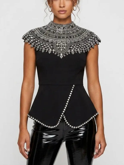 Black Rhinestone Peplum Top with Embellished Yoke - Tops