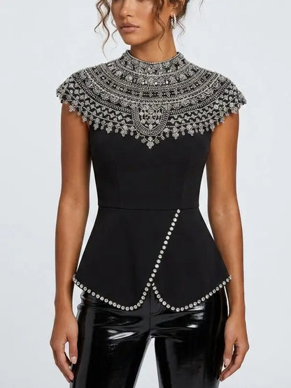 Black Rhinestone Peplum Top with Embellished Yoke - Tops