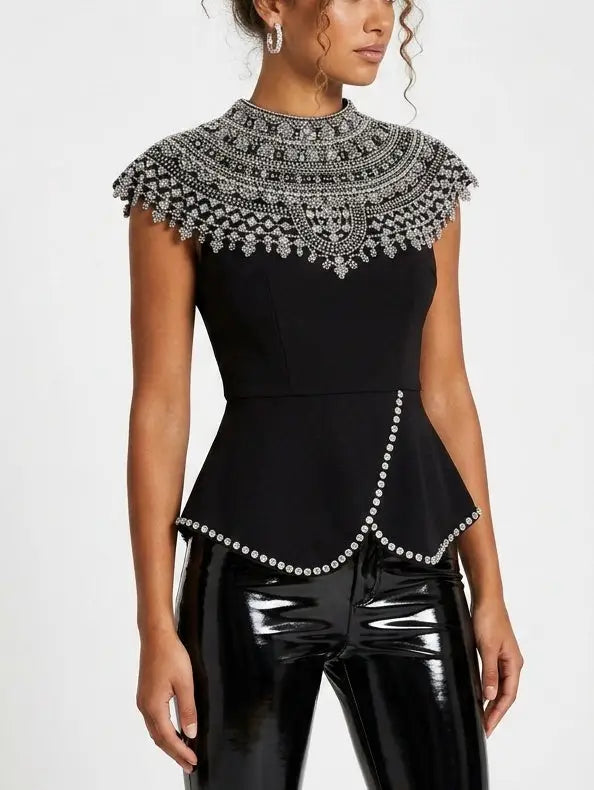Black Rhinestone Peplum Top with Embellished Yoke - Tops