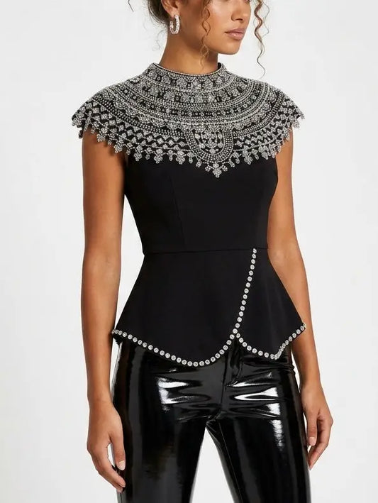 Black Rhinestone Peplum Top with Embellished Yoke - Tops