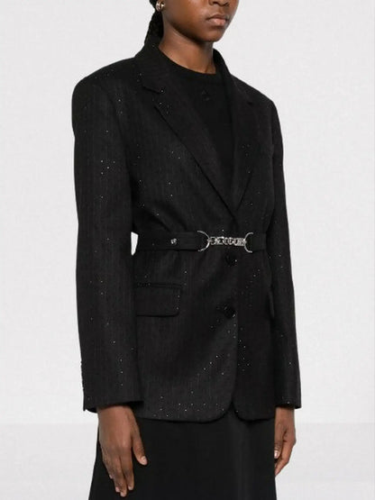Black Rhinestone Pinstripe Blazer with Chain Belt - Jackets