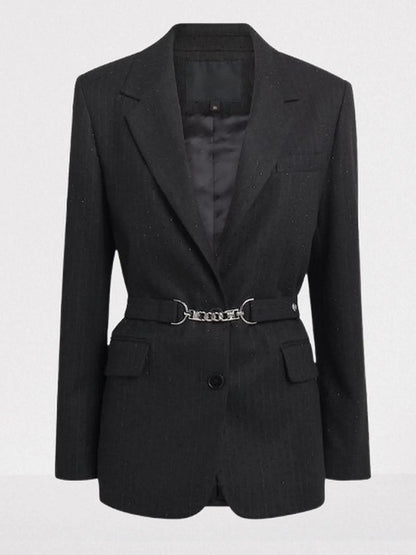 Black Rhinestone Pinstripe Blazer with Chain Belt - Jackets