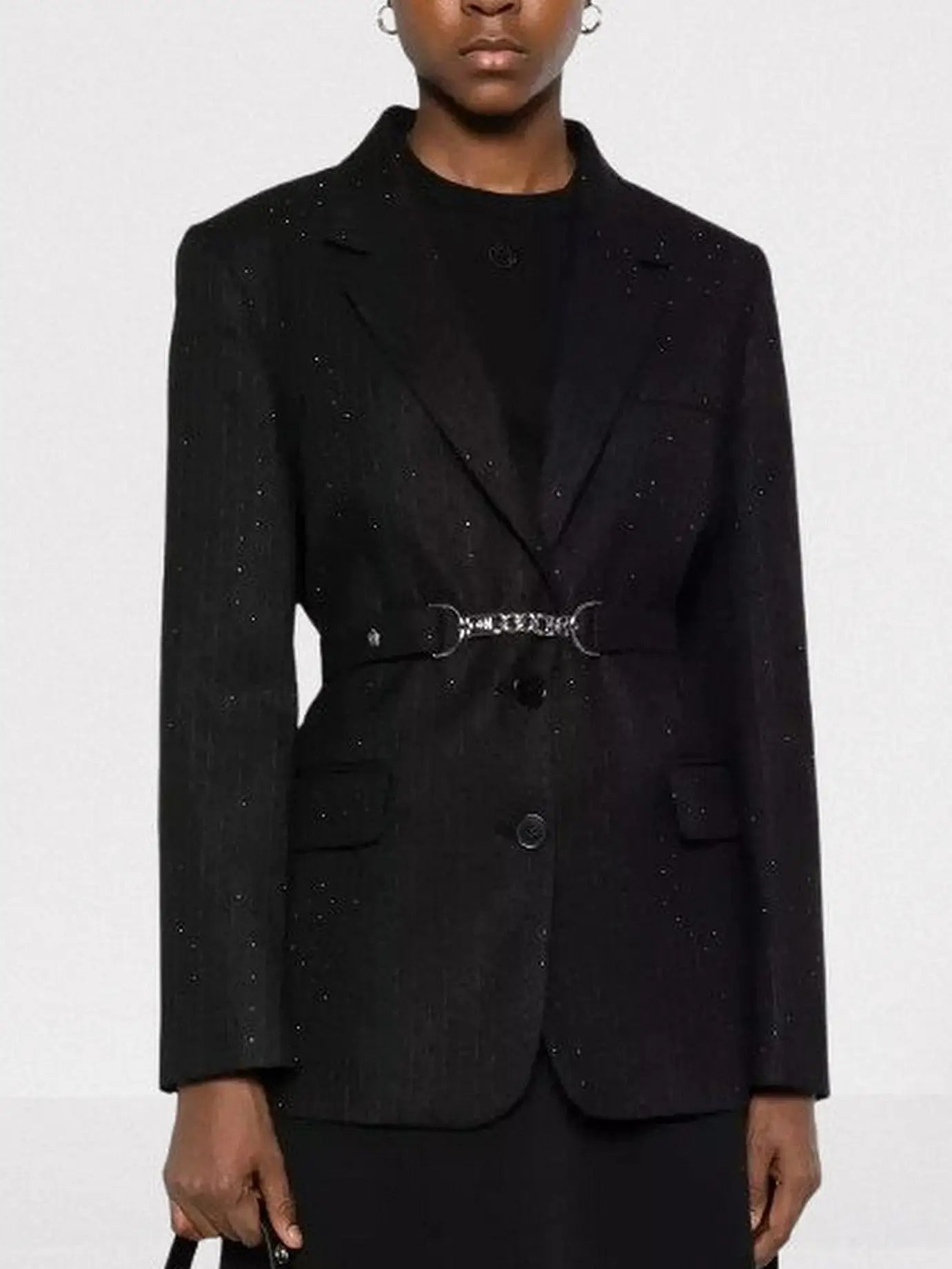 Black Rhinestone Pinstripe Blazer with Chain Belt - Jackets