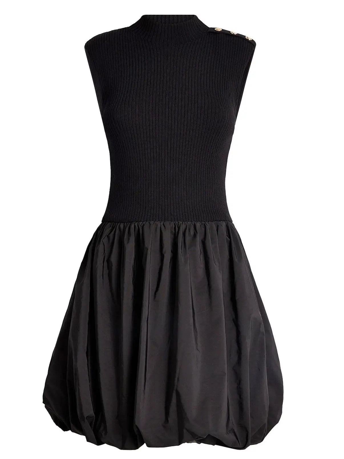 Black Rib-Knit Balloon-Skirt Mini Dress - Dresses