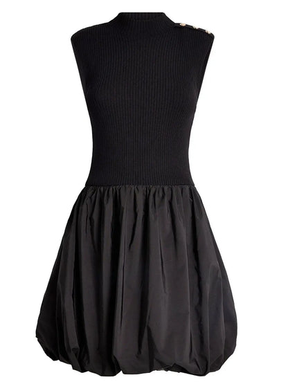 Black Rib-Knit Balloon-Skirt Mini Dress - Dresses