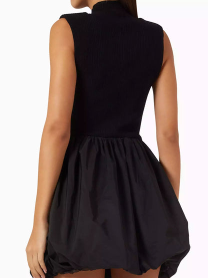 Black Rib-Knit Balloon-Skirt Mini Dress - Dresses