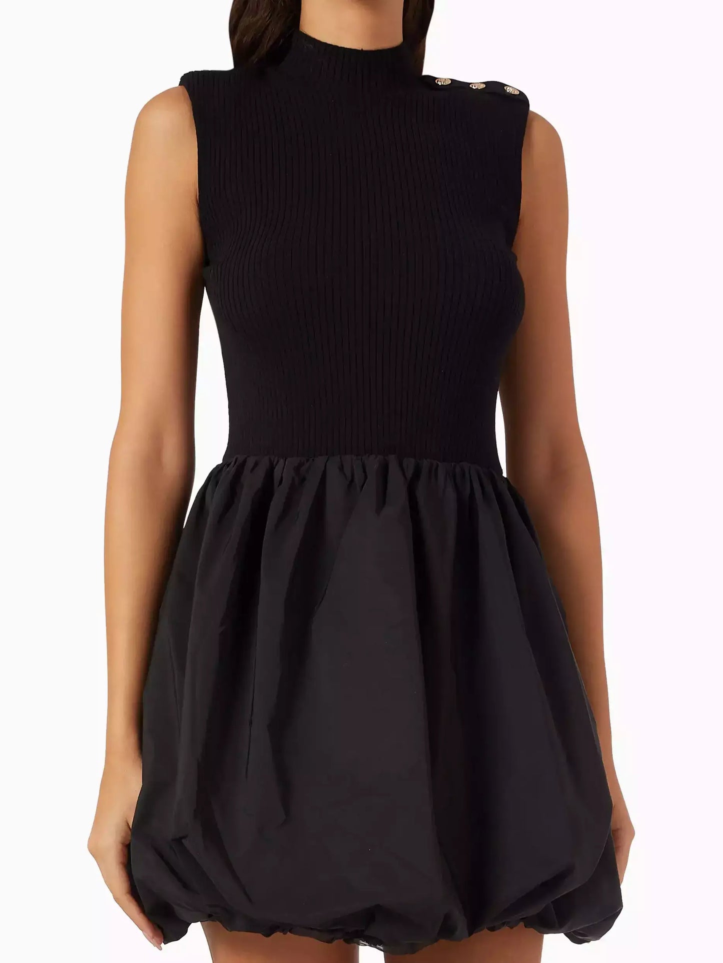 Black Rib-Knit Balloon-Skirt Mini Dress - Dresses