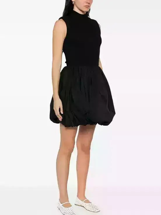 Black Rib-Knit Balloon-Skirt Mini Dress - Dresses
