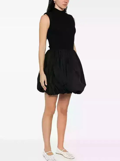 Black Rib-Knit Balloon-Skirt Mini Dress - Dresses