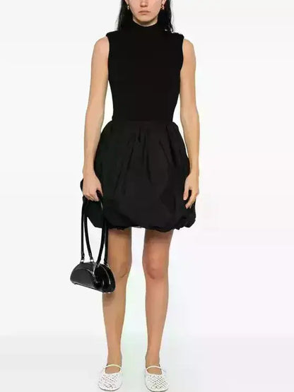 Black Rib-Knit Balloon-Skirt Mini Dress - Dresses