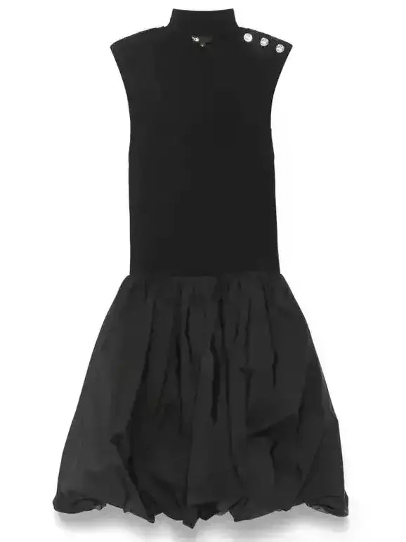 Black Rib-Knit Balloon-Skirt Mini Dress - Dresses