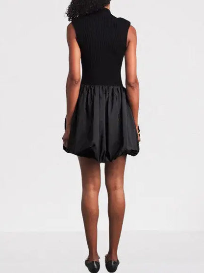 Black Rib-Knit Balloon-Skirt Mini Dress - Dresses