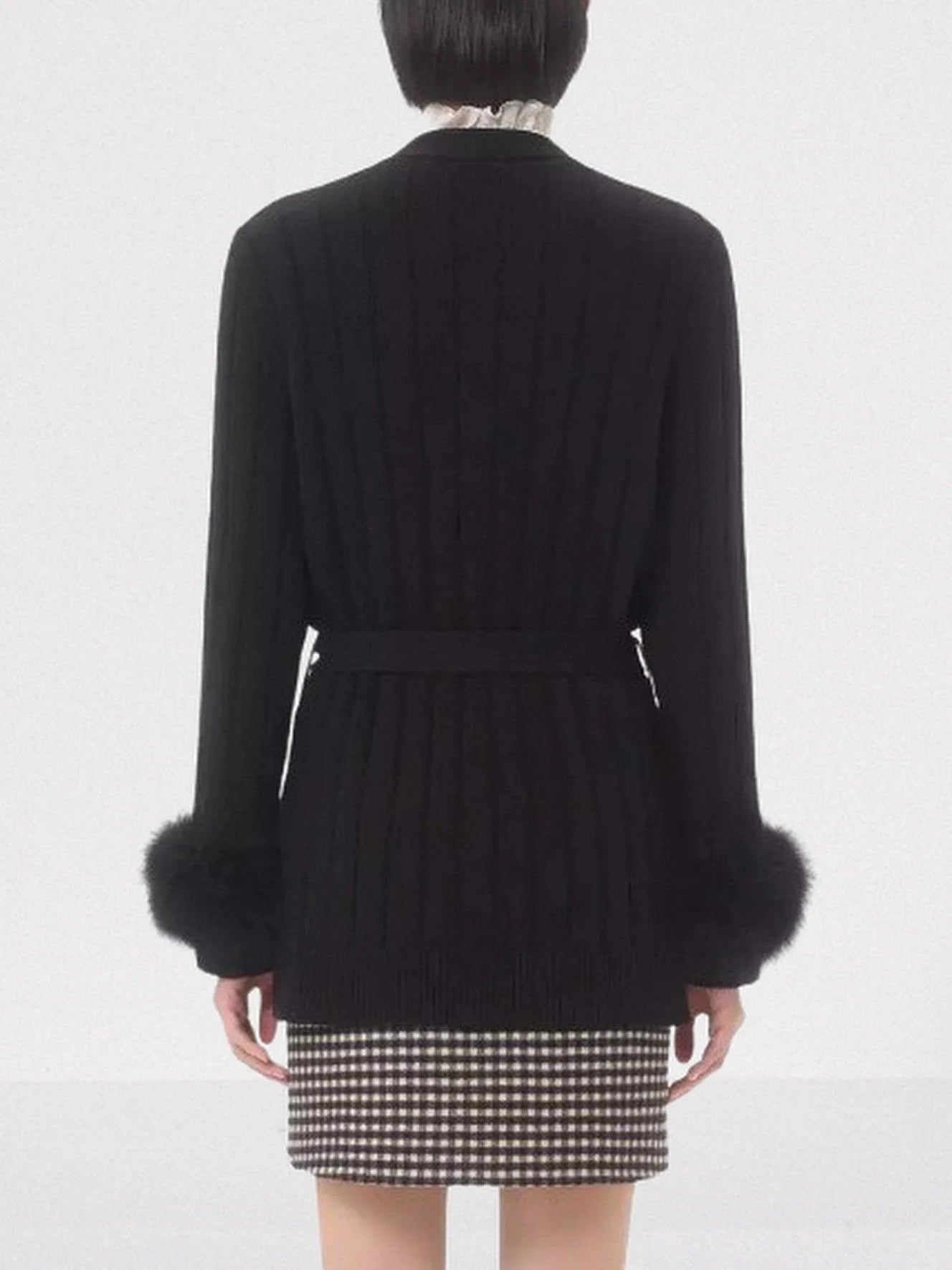 Black Ribbed Cardigan with Feather Cuffs - Sweaters & Knitwear