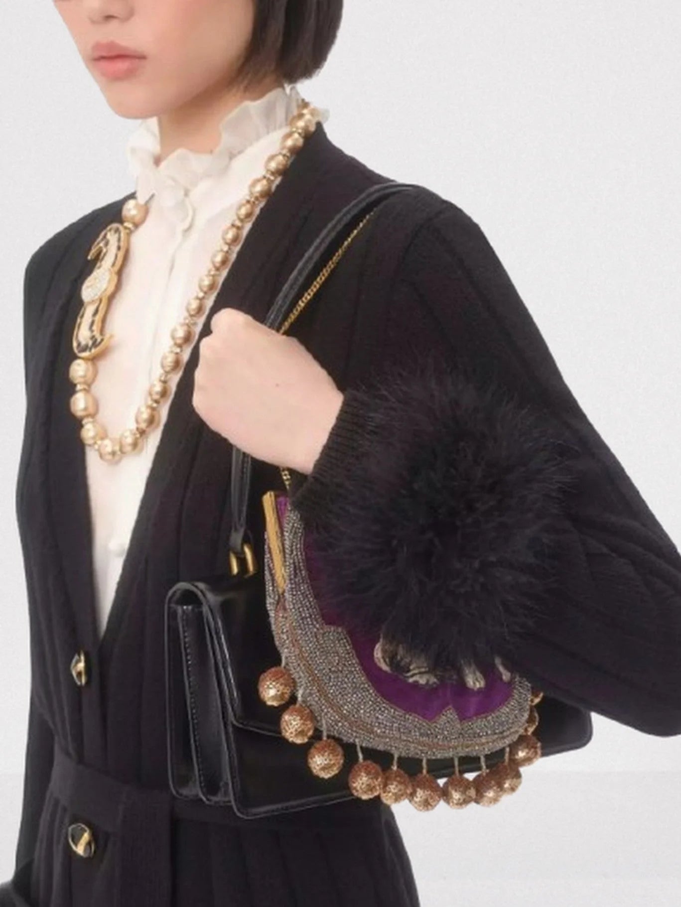 Black Ribbed Cardigan with Feather Cuffs - Sweaters & Knitwear