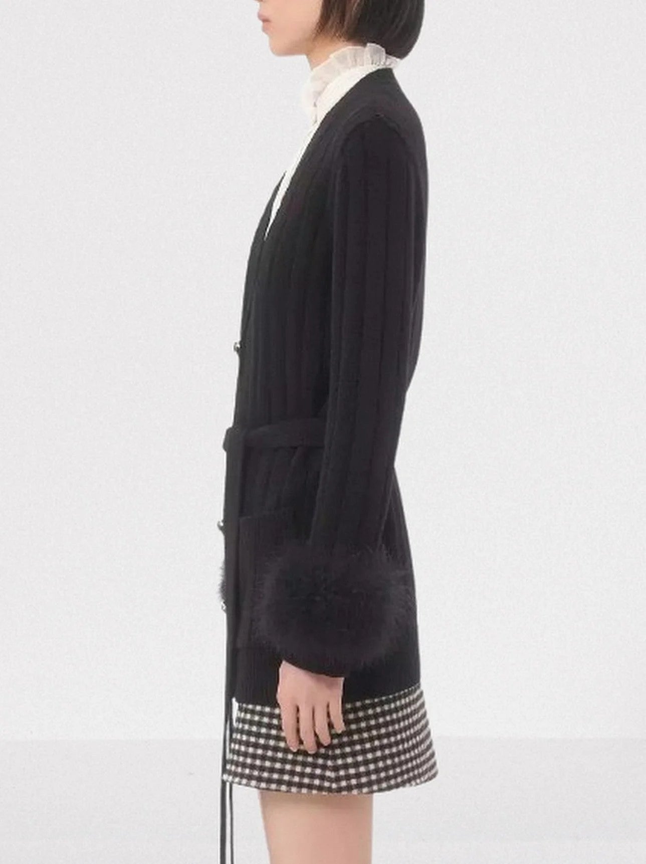 Black Ribbed Cardigan with Feather Cuffs - Sweaters & Knitwear