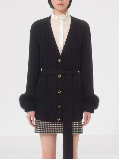 Black Ribbed Cardigan with Feather Cuffs - Sweaters & Knitwear