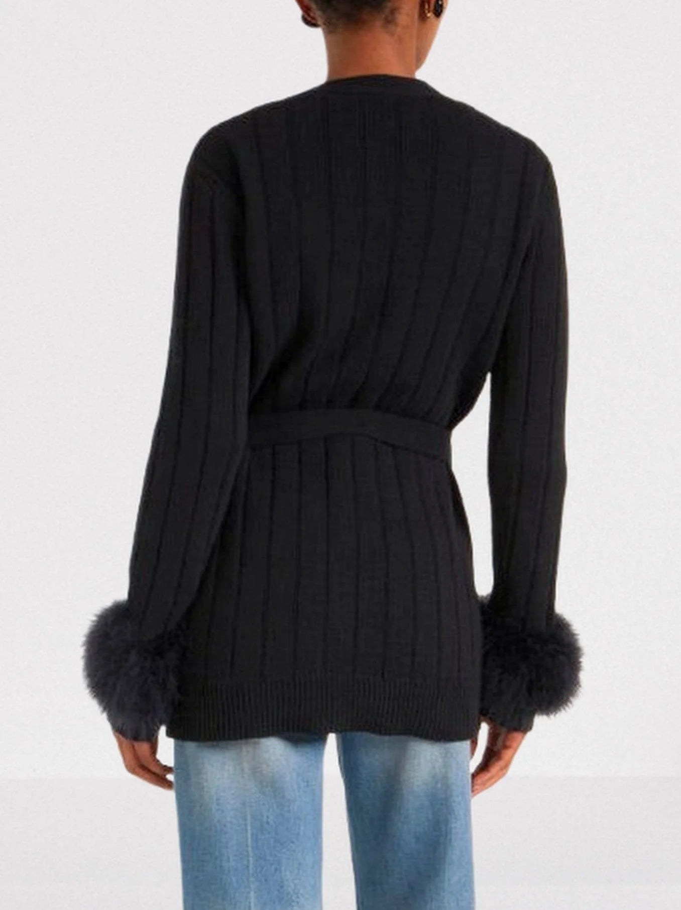 Black Ribbed Cardigan with Feather Cuffs - Sweaters & Knitwear
