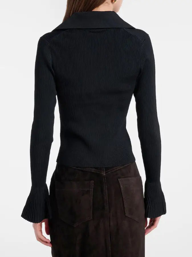 Black Ribbed Cutout Knit Top with Gold Buttons - Sweaters & Knitwear