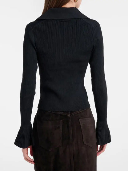Black Ribbed Cutout Knit Top with Gold Buttons - Sweaters & Knitwear