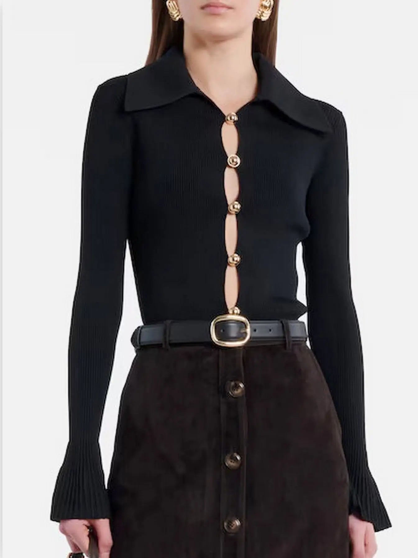 Black Ribbed Cutout Knit Top with Gold Buttons - Sweaters & Knitwear