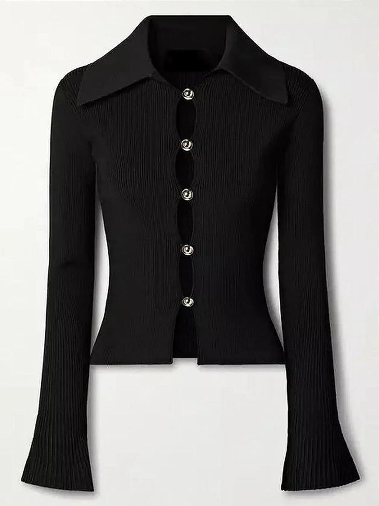 Black Ribbed Cutout Knit Top with Gold Buttons - Sweaters & Knitwear