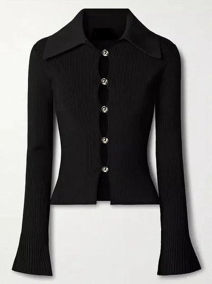 Black Ribbed Cutout Knit Top with Gold Buttons - Sweaters & Knitwear