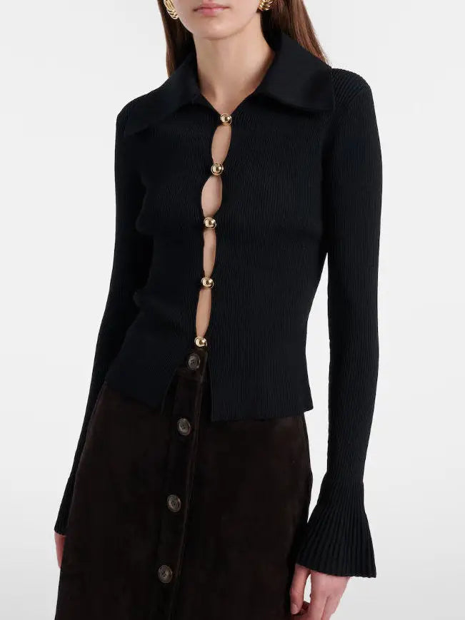 Black Ribbed Cutout Knit Top with Gold Buttons - Sweaters & Knitwear