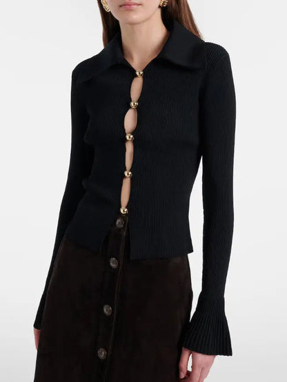 Black Ribbed Cutout Knit Top with Gold Buttons - Sweaters & Knitwear