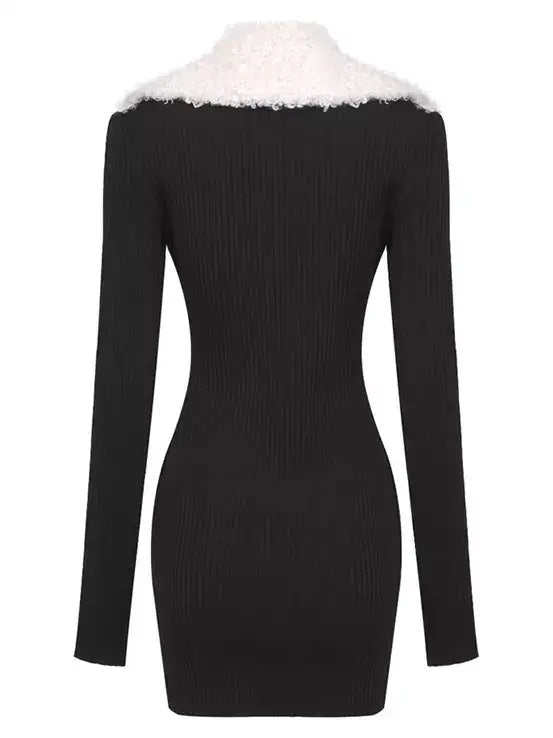 Black Ribbed Knit Dress with Faux-Fur Collar - Dresses