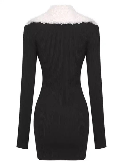 Black Ribbed Knit Dress with Faux-Fur Collar - Dresses