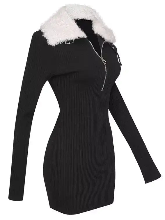 Black Ribbed Knit Dress with Faux-Fur Collar - Dresses