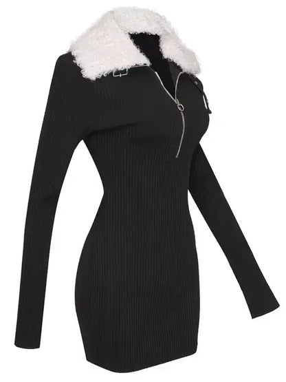 Black Ribbed Knit Dress with Faux-Fur Collar - Dresses