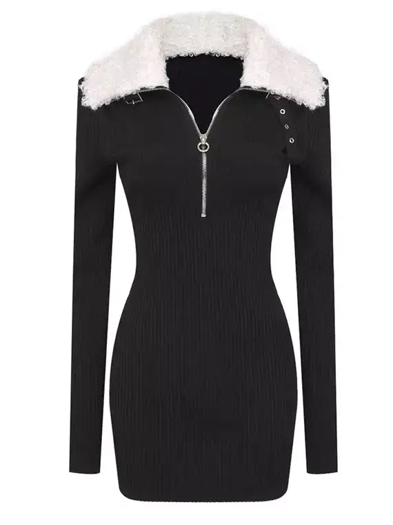 Black Ribbed Knit Dress with Faux-Fur Collar - small - Dresses