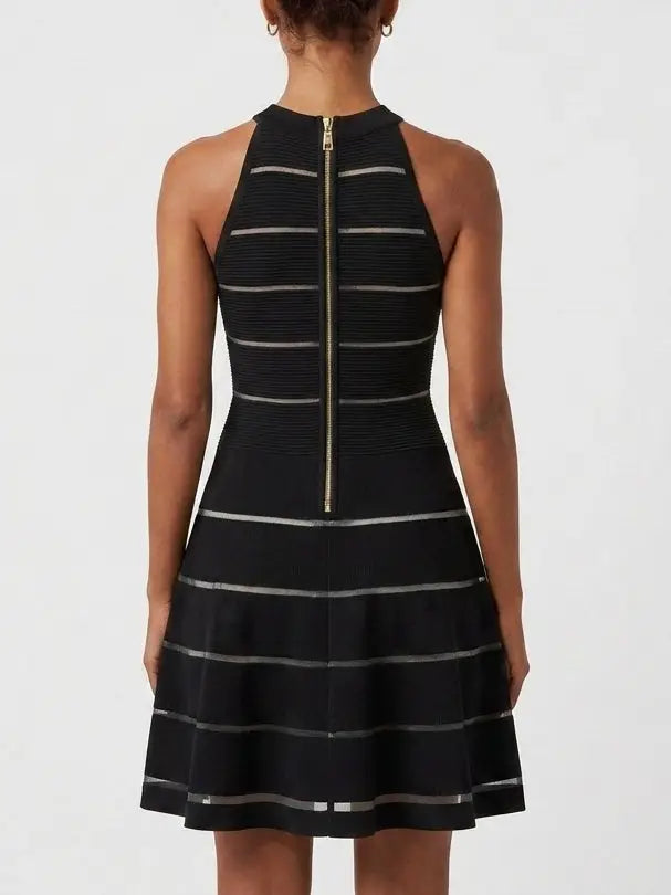Black Ribbed Knit Halterneck Sheer Stripe Mini Dress - Dresses