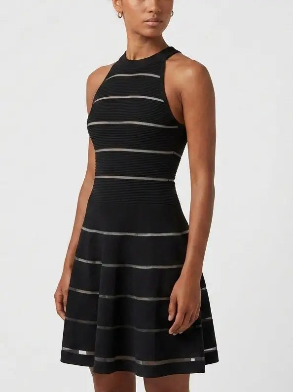 Black Ribbed Knit Halterneck Sheer Stripe Mini Dress - Dresses