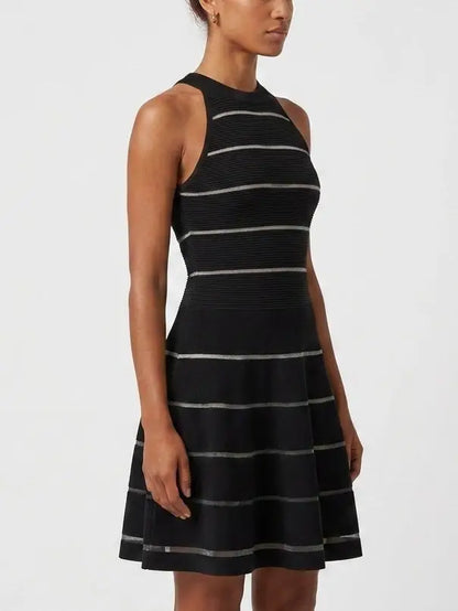 Black Ribbed Knit Halterneck Sheer Stripe Mini Dress - Dresses