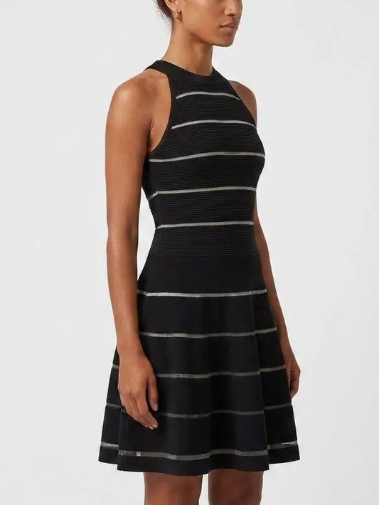 Black Ribbed Knit Halterneck Sheer Stripe Mini Dress - Dresses