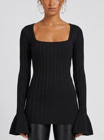 Black Ribbed Knit Top with Flared Cuffs - Tops